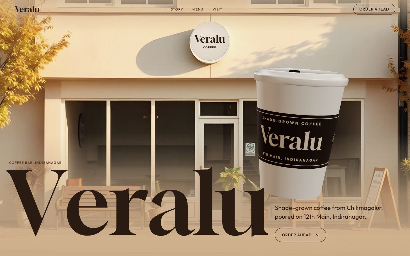 The Veralu website: the cafe front with a takeaway cup and the name Veralu.